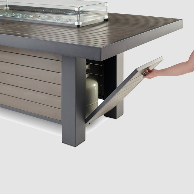 The Outdoor GreatRoom Kenwood and Brooks Linear Dining Height Gas Fire Pit Table