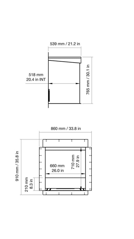 Technical drawing of EcoSmart Heritage 26SS Ethanol Fireplace Insert - ESF.HB.26SS with dimensions in inches and millimeters for installation planning.