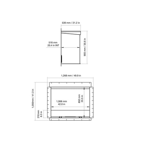 Technical dimensions of EcoSmart Heritage 42SS Ethanol Fireplace Insert, including width, height, and depth for precise indoor installation.