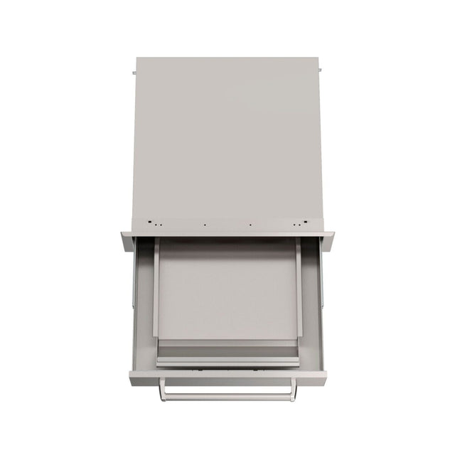 Fire Magic Echelon Black 53811BSC utility drawer shown open with the removable utensil bin