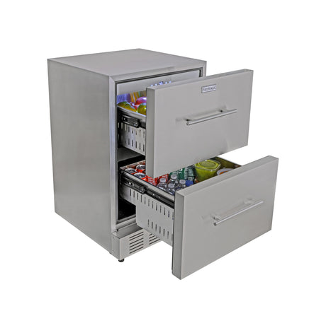Fire Magic 24-REF-DD Cold Storage double drawer outdoor refrigerator with drawers open showing stainless drawers and storage dividers