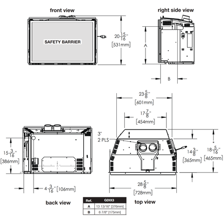 Napoleon Oakville X3 gas insert dimensions diagram