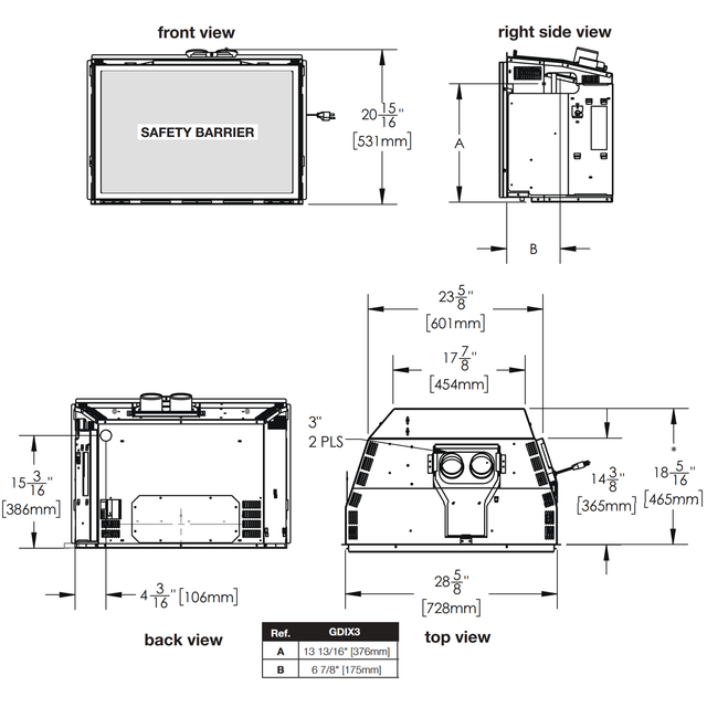 Napoleon Oakville X3 gas insert dimensions diagram