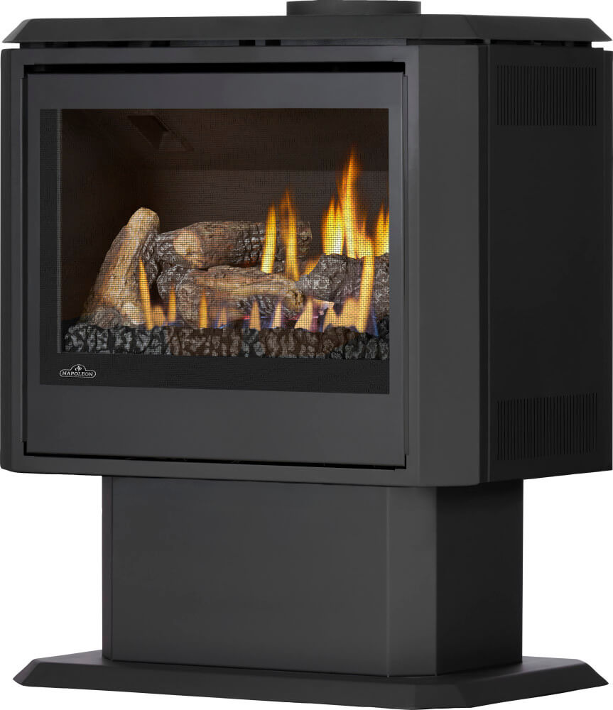 Napoleon Havelock Elite GDS50N-2 angled view on pedestal with oak logs
