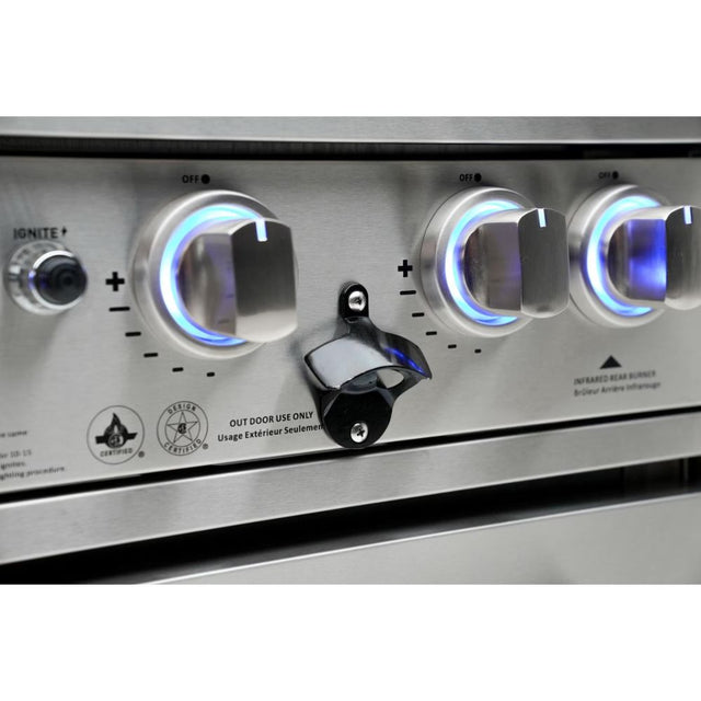 Mont Alpi Stainless Steel 4-Burner Artwood Propane Island with Refrigerator