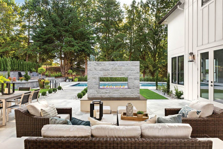 Napoleon Galaxy 50 outdoor gas fireplace backyard lifestyle view