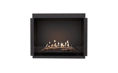 EcoSmart Heritage 56SS Ethanol Fireplace Insert with black frame and glass front, showcasing realistic flames. Designed for modern indoor fireplace setups.