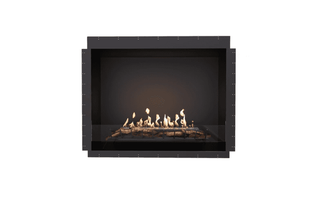 EcoSmart Heritage 56SS Ethanol Fireplace Insert with black frame and glass front, showcasing realistic flames. Designed for modern indoor fireplace setups.