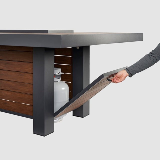 The Outdoor GreatRoom Kenwood and Brooks Linear Dining Height Gas Fire Pit Table