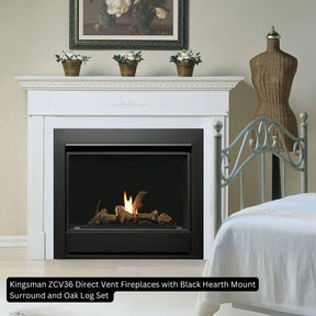 Kingsman ZCV36 fireplace with black hearth mount surround and oak log set