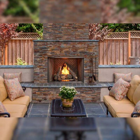 Majestic Courtyard 42 outdoor gas fireplace with high definition logs on an outdoor patio