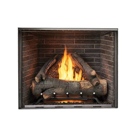 Majestic Courtyard 42 outdoor vent-free gas fireplace with standard definition logs and brown traditional brick liner
