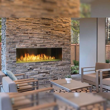Majestic Lanai 60 outdoor linear gas fireplace installed in a front porch wall