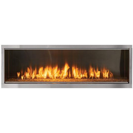 Majestic Lanai 60 outdoor linear gas fireplace with amber crushed glass media close-up
