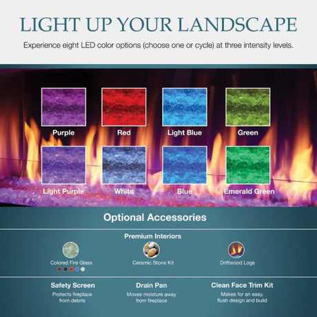 Majestic Lanai outdoor linear gas fireplace LED colors and accessory options