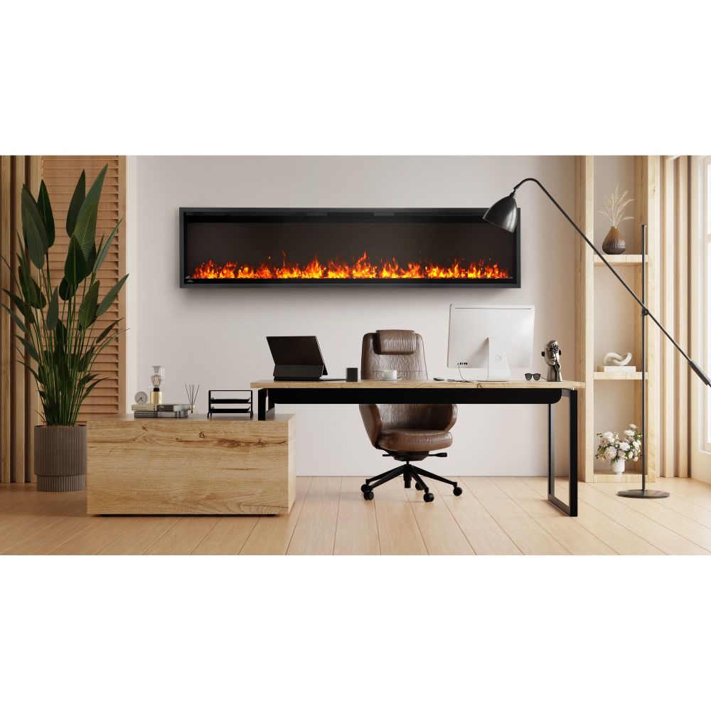 Napoleon Astound SlimMount 74 NEFL74AS wall-mounted with topaz rocks and orange-yellow flame