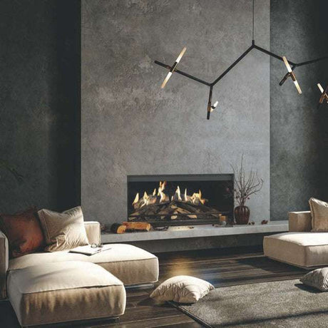 NetZero Fire E-One 130F 3D Electric Fireplace - Front - AA-11-05387 in a dark-toned luxury living room with ambient lighting and contemporary furniture.