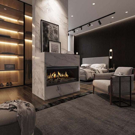 NetZero Fire E-One 130F 3D Electric Fireplace - Front - AA-11-05387 featured in a luxurious bedroom suite with marble surround and modern lighting.