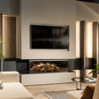 NetZero Fire E-One 160 Bay Electric Fireplace featuring a modern three-sided design, realistic flame effects, and energy-efficient, eco-friendly heating.