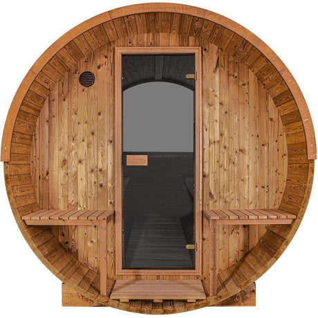 Front view of Thermory Barrel Sauna Model #60 DIY Kit with glass door and dual porch benches. Premium outdoor sauna for 4 people with 7.5kw heater.
