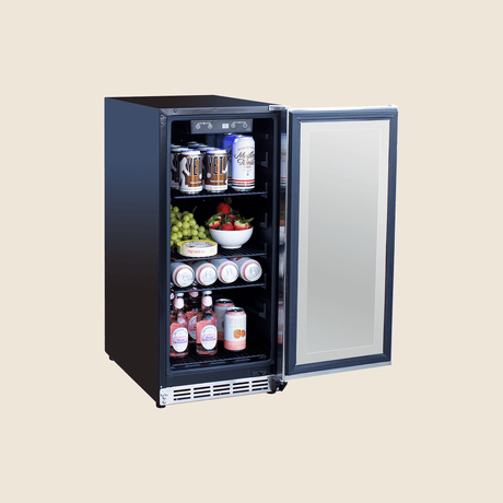 Summerset RFR-15G 15-Inch Glass Door Outdoor Refrigerator - angled view door open and stocked