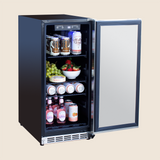 Summerset RFR-15S 15-Inch Outdoor Refrigerator - angled view door open and stocked