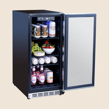 Summerset RFR-15S 15-Inch Outdoor Refrigerator - angled view door open and stocked