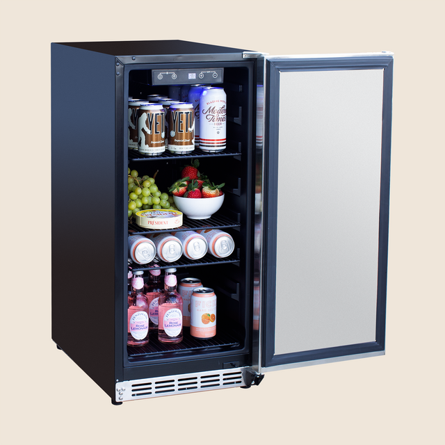 Summerset RFR-15S 15-Inch Outdoor Refrigerator - angled view door open and stocked