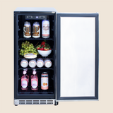Summerset RFR-15S 15-Inch Outdoor Refrigerator - front view door open and stocked