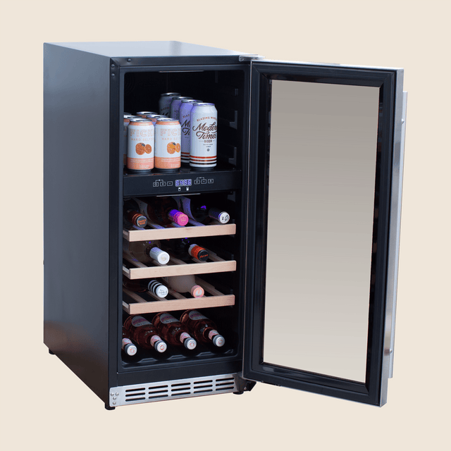 Summerset RFR-15WD 15-Inch Dual Zone Wine Cooler - angled view door open and stocked