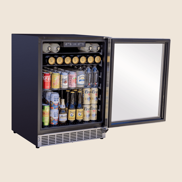 Summerset RFR-24G Outdoor Glass Door Refrigerator - angled view door open and stocked