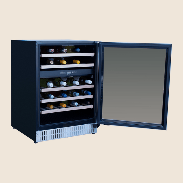 Summerset RFR-24WD 24-Inch Dual Zone Wine Cooler - angled view door open and stocked