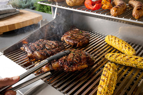 American Outdoor Grill T-Series Built-In Gas Grill - lifestyle, steak and corn on the grates