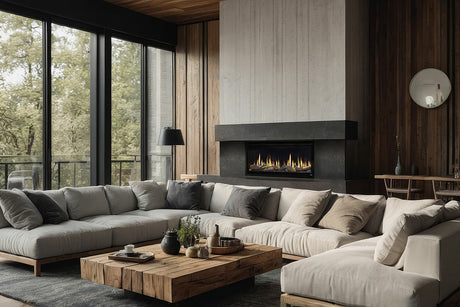 SimpliFire Allusion Edge 50 linear electric fireplace angled room view