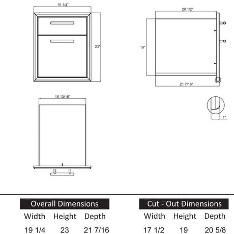 Technical drawing of XO 24 Inch Dual Zone Wine Cooler showing overall and cut-out dimensions for built-in installation.