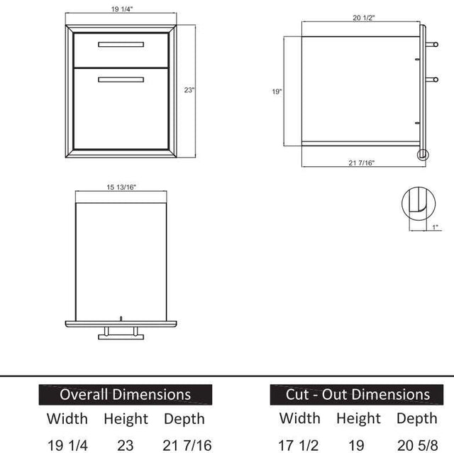 Technical drawing of XO 24 Inch Dual Zone Wine Cooler showing overall and cut-out dimensions for built-in installation.