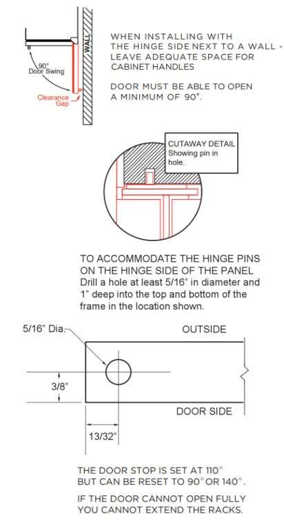 Installation guide for XO 24 Inch Dual Zone Wine Cooler panel door, detailing hinge pin placement and door swing clearance.