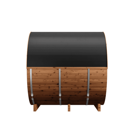 Side profile of Thermory Barrel Sauna Model #60 DIY Kit showing black roof cover and stainless steel bands. Durable and weather-resistant sauna design.