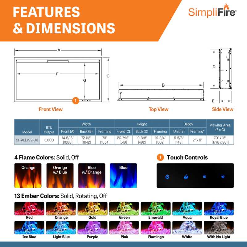 Simplifire Allusion Platinum 72" Linear Electric Fireplace | SF-ALLP72-BK