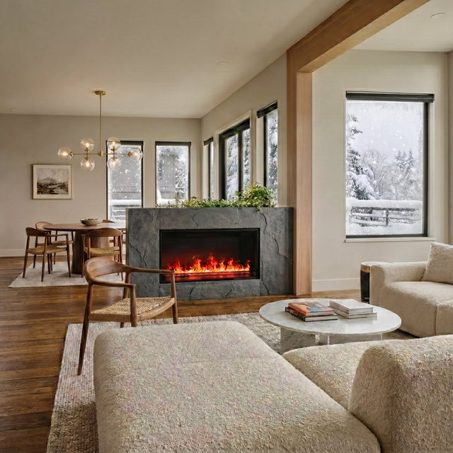 Aquafire water vapor fireplace installed in a slate firebox wall