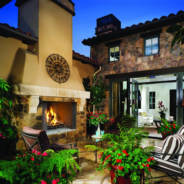 Superior WRE4500 outdoor wood-burning fireplace with white refractory panels, front view