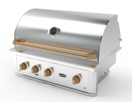 Wildfire Brushed Bronze designer knobs and handle shown fitted to a Ranch Pro grill