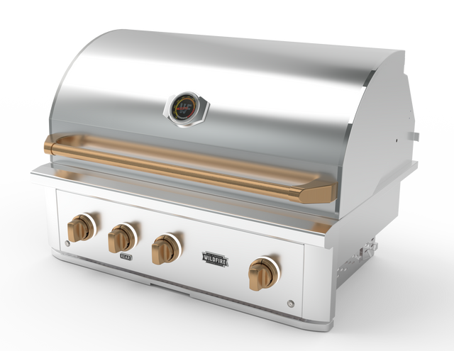 Wildfire Brushed Bronze designer knobs and handle shown fitted to a Ranch Pro grill