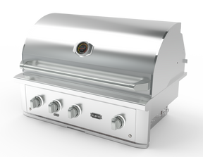 Wildfire Brushed Stainless designer knobs and handle shown fitted to a Ranch Pro grill