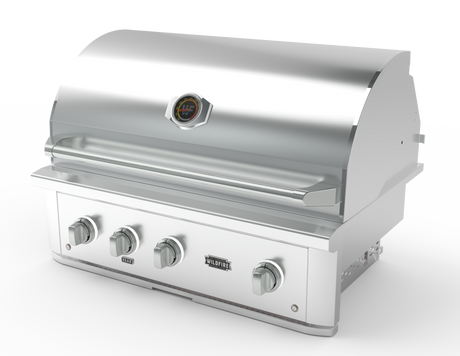 Wildfire Brushed Stainless designer knobs and handle shown fitted to a Ranch Pro grill