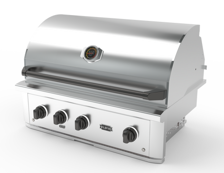 Wildfire Chrome Black designer knobs and handle shown fitted to a Ranch Pro grill
