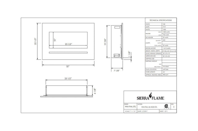 Amantii linear 32 inch electric fireplace - dimensions