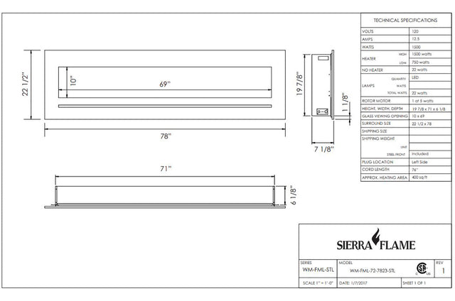 Amantii linear 78 inch electric fireplace - dimensions