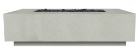 XO 60" x 32" rectangular gas fire table in limestone finish with 65,000 BTU output, featuring a modern design and black lava rocks.
