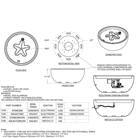 HPC Aluminum Spun Bowl On-Off Ignition Outdoor Gas Firepit - STONE30EI
